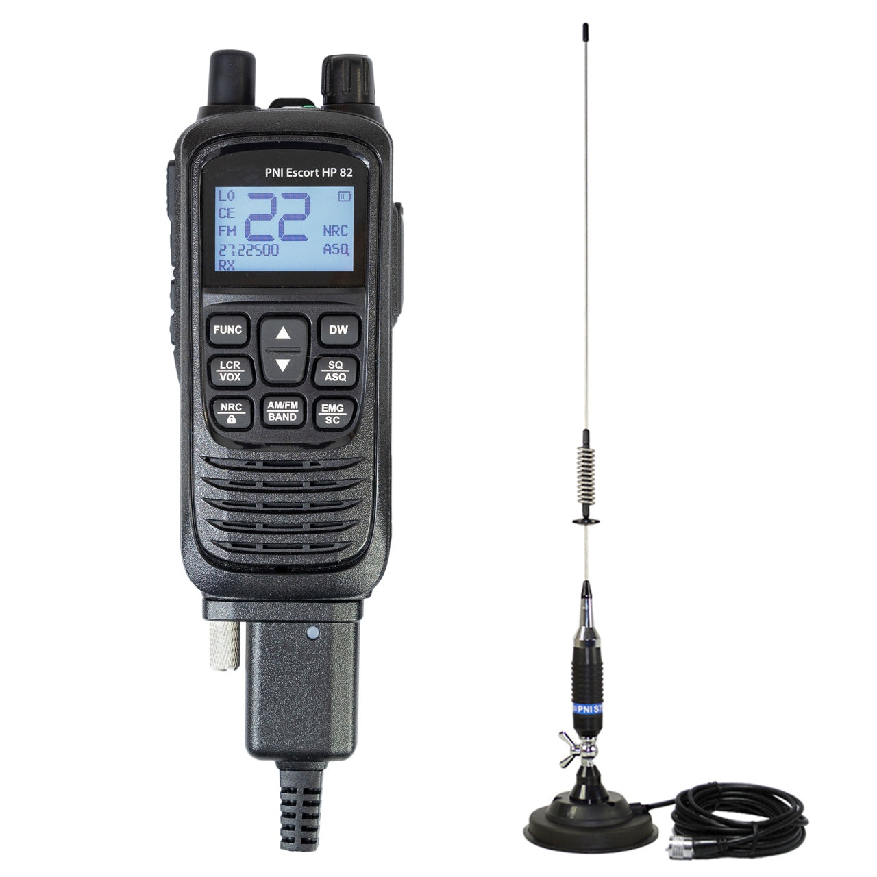 Kit Statie radio CB portabila PNI Escort HP 82, multi standard, 4W, 12V, AM-FM si antena CB PNI S75, 75cm, cu magnet inclus