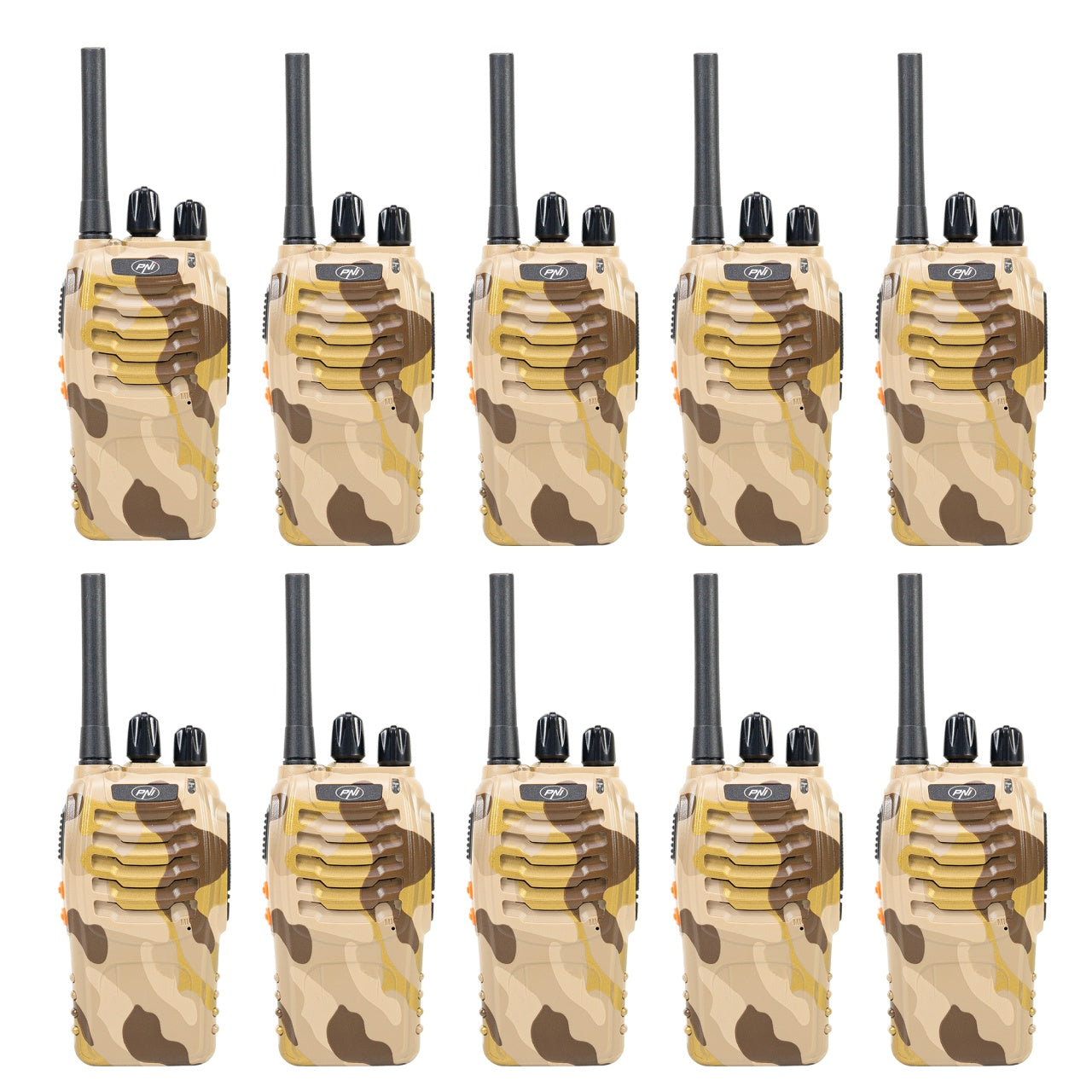 Kit statii radio portabile PNI PMR R40 CAMO, set cu 10 buc, 0.5W, 16 PMR, acumulatori 1200mAh cu incarcatoare si casti incluse
