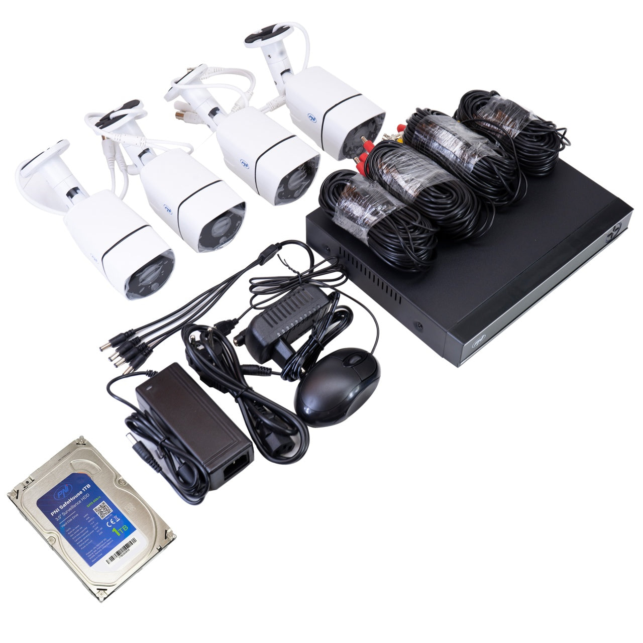 Kit supraveghere video AHD PNI House PTZ1300 Full HD cu 4 camere exterior 2MP, 1080P si PNI SafeHouse 1TB inclus