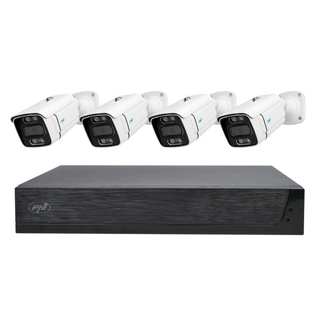 Kit supraveghere video PNI House IPMAX POE 3LR, NVR cu 4 porturi POE si 10 in retea, ONVIF si 4 camere cu IP 3MP, de exterior, Power over Ethernet, detectie chip, detectie miscare, 4 cabluri, alimenta