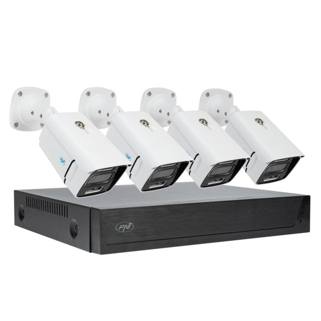 Kit supraveghere video PNI House IPMAX POE 3LR, NVR cu 4 porturi POE si 10 in retea, ONVIF si 4 camere cu IP 3MP, de exterior, Power over Ethernet, detectie chip, detectie miscare, 4 cabluri, alimenta