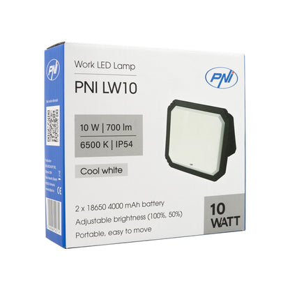 Lampa LED de lucru PNI LW10 10W, portabila, reincarcabila, cu acumulator 2 x 18650 4000mAh, 6500K, IP54, 700 lm, 2 niveluri luminozitate