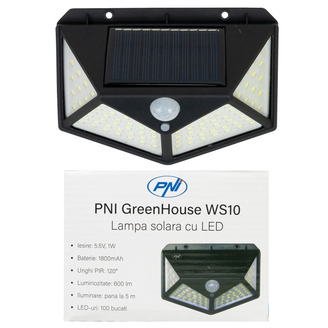 Lampa solara LED PNI GreenHouse WS10, 100 LED-uri, 600 lm, unghi PIR 120 grade, acumulator 1800 mAh, montaj pe perete