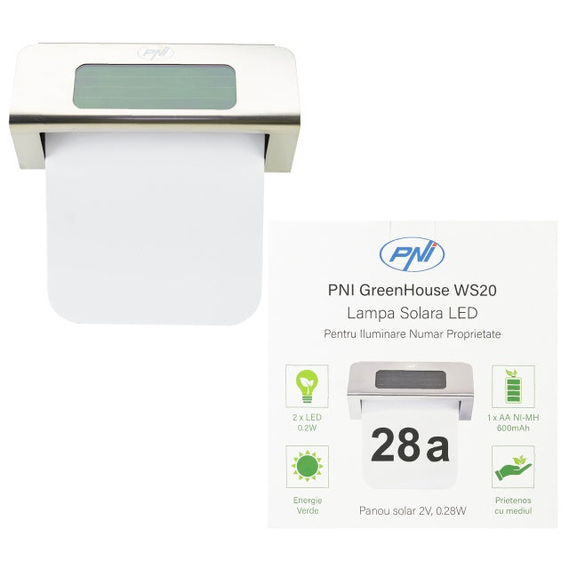 Lampa solara LED PNI GreenHouse WS20 pentru iluminare numar proprietate, montaj pe perete