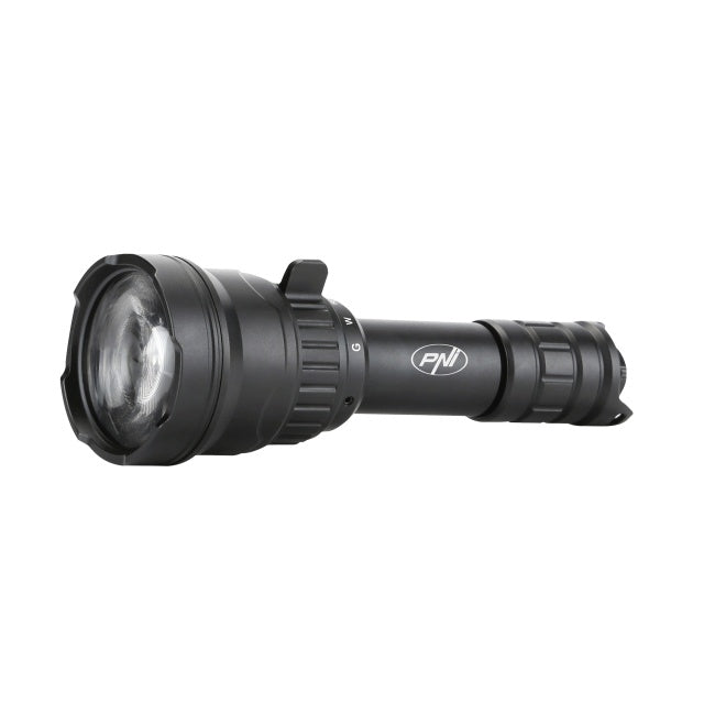 Lanterna PNI Adventure F300 cu LED in 3 culori, alb, rosu, verde, IP68 waterproof, distanta 500 m, flux luminos 540 lm, acumulator 18650 3000mAh inclus, incarcator pentru acumulator inclus, functie zo