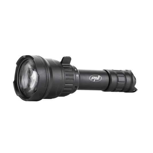 Lanterna PNI Adventure F300 cu LED in 3 culori, alb, rosu, verde, IP68 waterproof, distanta 500 m, flux luminos 540 lm, acumulator 18650 3000mAh inclus, incarcator pentru acumulator inclus, functie zo
