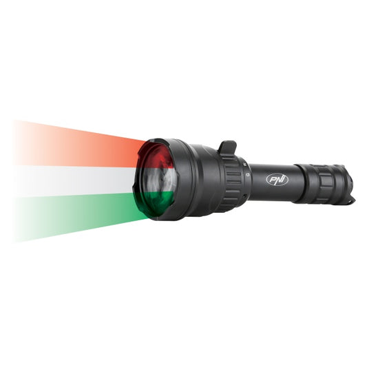 Lanterna PNI Adventure F300 cu LED in 3 culori, alb, rosu, verde, IP68 waterproof, distanta 500 m, flux luminos 540 lm, acumulator 18650 3000mAh inclus, incarcator pentru acumulator inclus, functie zo