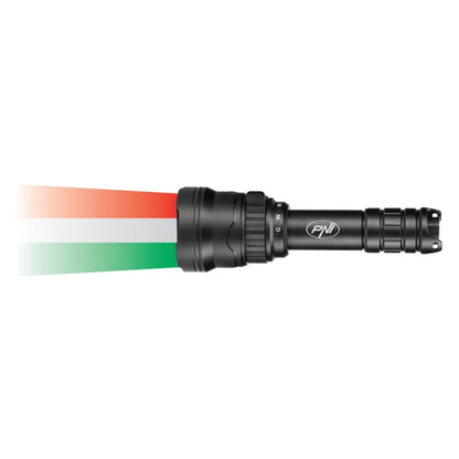 Lanterna PNI Adventure F300 cu LED in 3 culori, alb, rosu, verde, IP68 waterproof, distanta 500 m, flux luminos 540 lm, acumulator 18650 3000mAh inclus, incarcator pentru acumulator inclus, functie zo