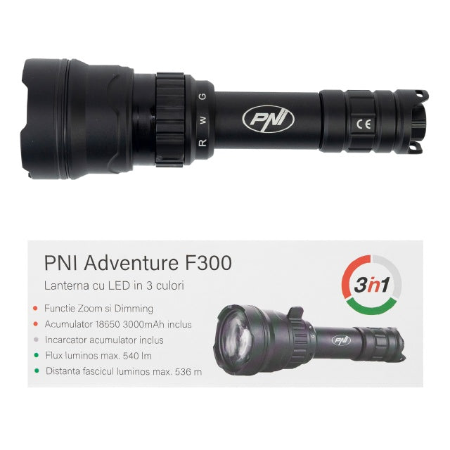 Lanterna PNI Adventure F300 cu LED in 3 culori, alb, rosu, verde, IP68 waterproof, distanta 500 m, flux luminos 540 lm, acumulator 18650 3000mAh inclus, incarcator pentru acumulator inclus, functie zo
