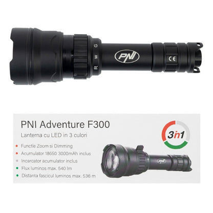 Lanterna PNI Adventure F300 cu LED in 3 culori, alb, rosu, verde, IP68 waterproof, distanta 500 m, flux luminos 540 lm, acumulator 18650 3000mAh inclus, incarcator pentru acumulator inclus, functie zo