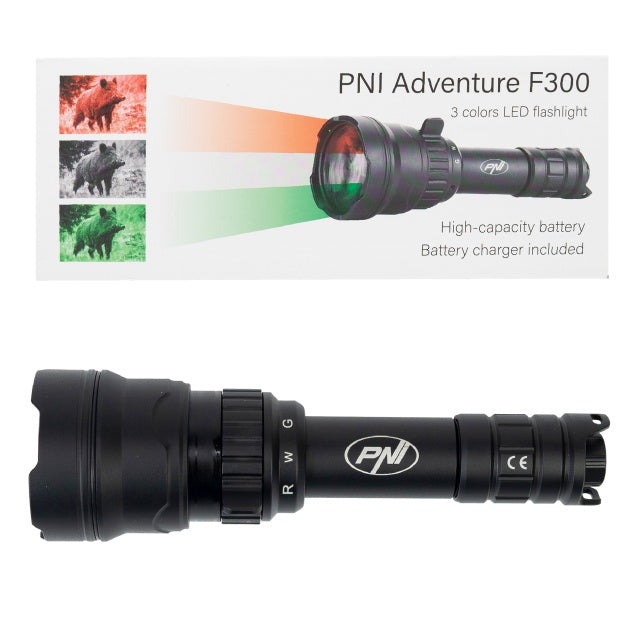 Lanterna PNI Adventure F300 cu LED in 3 culori, alb, rosu, verde, IP68 waterproof, distanta 500 m, flux luminos 540 lm, acumulator 18650 3000mAh inclus, incarcator pentru acumulator inclus, functie zo