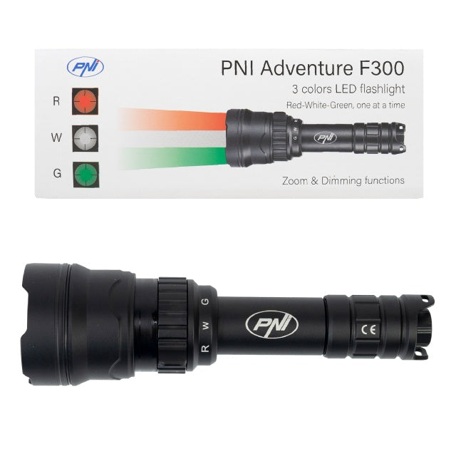 Lanterna PNI Adventure F300 cu LED in 3 culori, alb, rosu, verde, IP68 waterproof, distanta 500 m, flux luminos 540 lm, acumulator 18650 3000mAh inclus, incarcator pentru acumulator inclus, functie zo