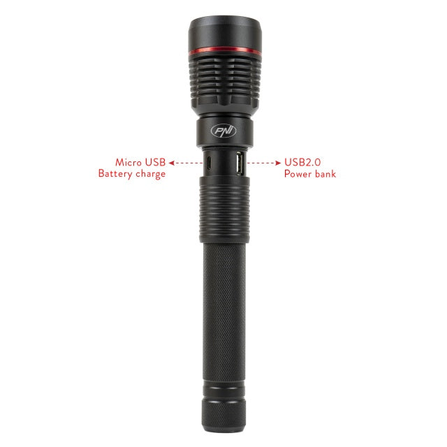 Lanterna PNI Adventure F450 din aluminiu, cu functie focus, BOOST, LED 20 W, 1500 lm pana la 450 m, 4400 mAh, IPX5, cu alimentator PNI CHG300 inclus