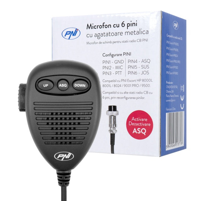 Microfon cu 6 pini cu agatatoare metalica pentru statii radio PNI Escort HP 8000L/8001L/8024/9001 PRO/9500/8900