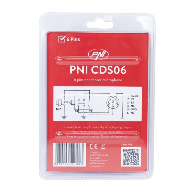 Microfon PNI CDS06 tip condenser cu 6 pini pentru statie radio CB, compatibil cu statii CB President, Midland, Albrecht