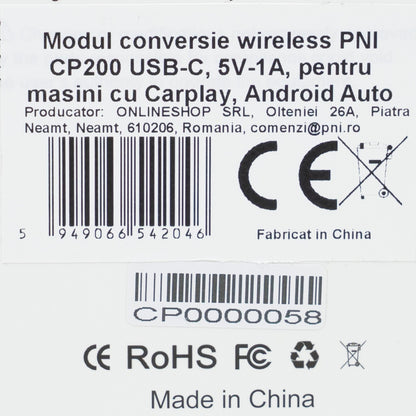 Modul conversie wireless PNI CP200 USB-C, 5V-1A, pentru masini cu Carplay, Android Auto din fabrica prin cablu