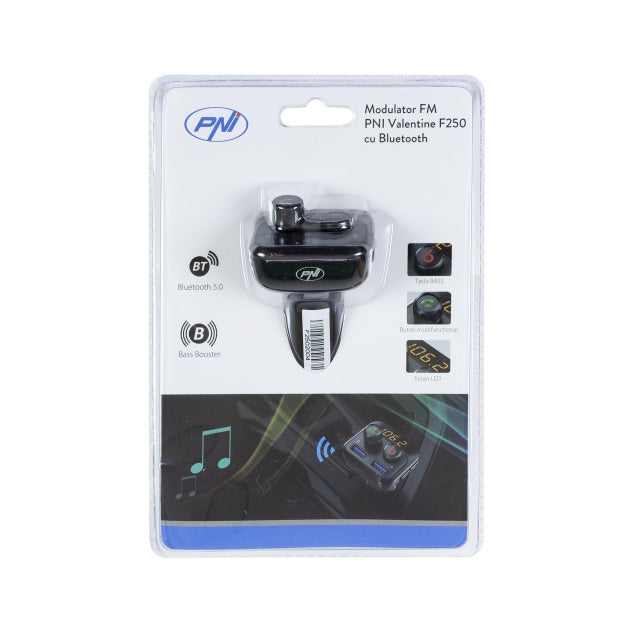 Modulator FM PNI Valentine F250 Bluetooth 5.0, MP3 player, transmitator FM, slot micro SD, port USB dual, incarcare rapida dispozitive mobile, buton super bass