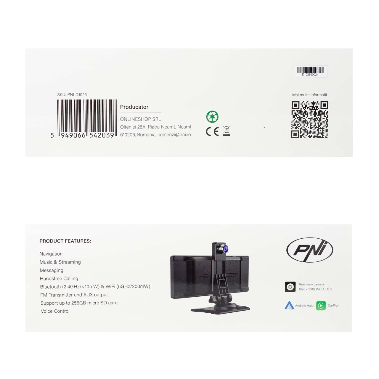 Monitor auto cu DVR PNI D1026 10.26 inch, wireless Carplay, navigatie, muzica, handsfree, bluetooth, FM transmitter