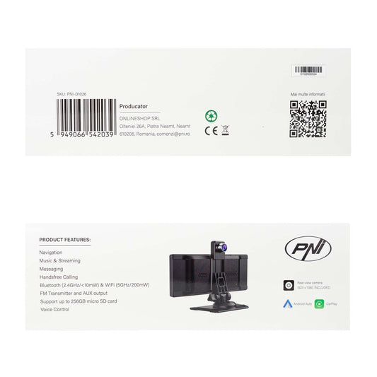 Monitor auto cu DVR PNI D1026 10.26 inch, wireless Carplay, navigatie, muzica, handsfree, bluetooth, FM transmitter
