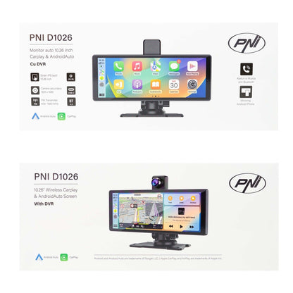 Monitor auto cu DVR PNI D1026 10.26 inch, wireless Carplay, navigatie, muzica, handsfree, bluetooth, FM transmitter