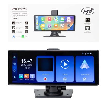 Monitor auto cu DVR PNI D1026 10.26 inch, wireless Carplay, navigatie, muzica, handsfree, bluetooth, FM transmitter