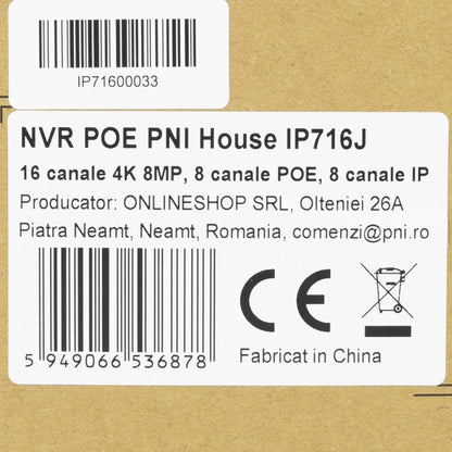 NVR POE PNI House IP716J 16 canale 4K 8MP, 8 canale POE si 8 canale IP cu switch PNI POE sau normal H.265