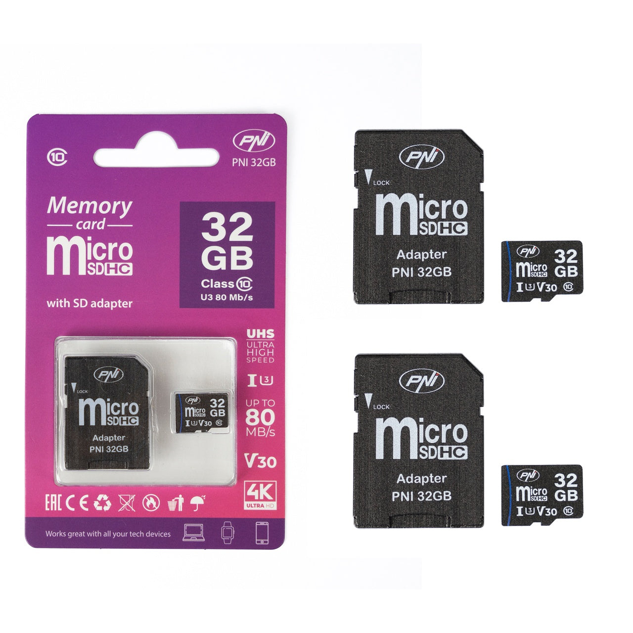 Pachet 2 bucati Card de memorie MicroSD PNI 32GB Clasa 10, 80 Mb/s, V30 cu adaptoare SD incluse