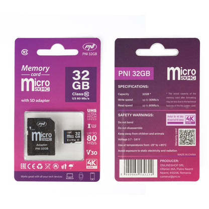 Pachet 2 bucati Card de memorie MicroSD PNI 32GB Clasa 10, 80 Mb/s, V30 cu adaptoare SD incluse