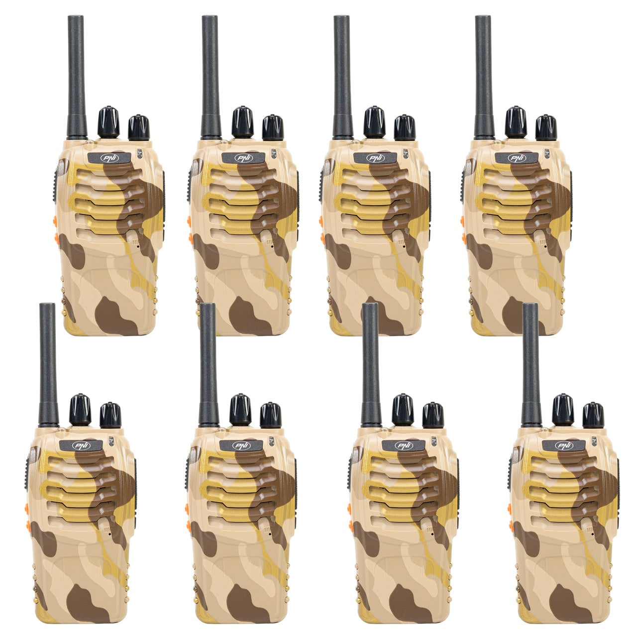 Pachet 8 statii radio portabile PNI PMR R40 CAMO 0.5W, 16 PMR, Li-Ion 1200mAh cu incarcatoare si casti incluse