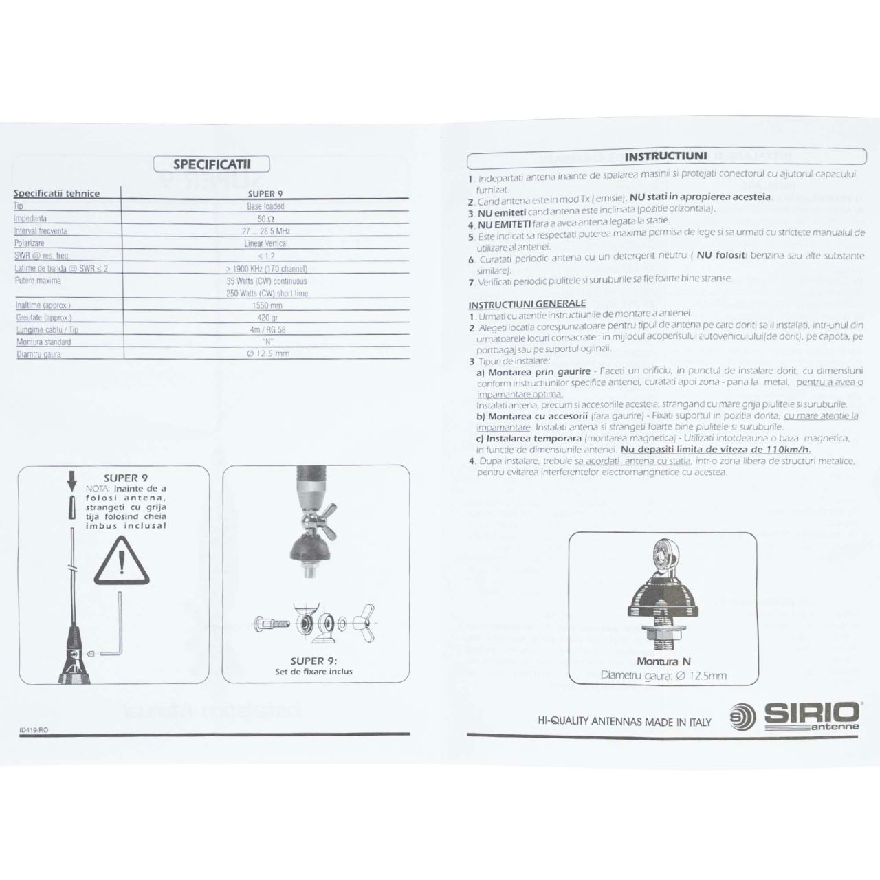Pachet Antena CB Sirio SUPER 9 cu fluture, lungime 155 cm si Sticky Pad Blue inclus