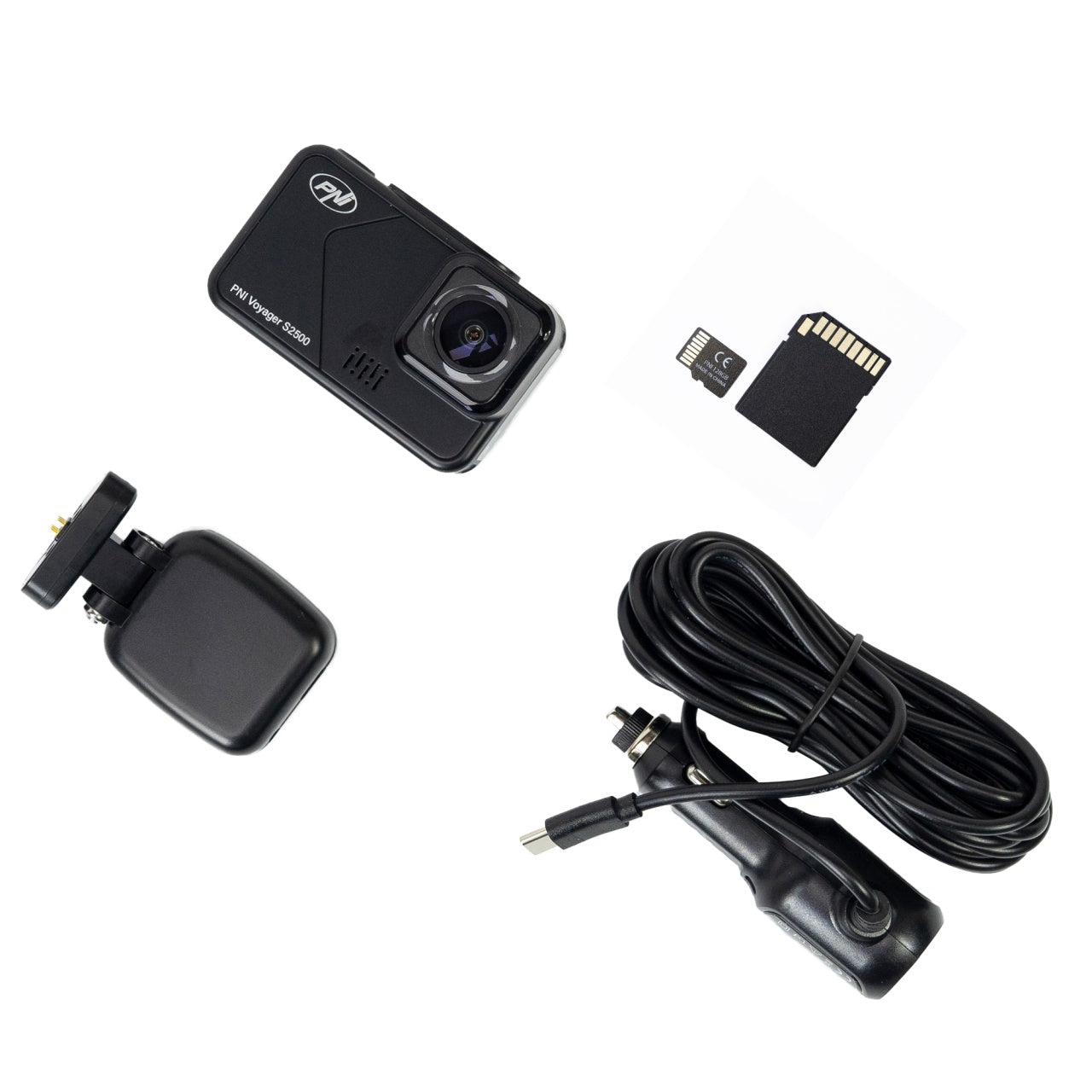 Pachet Camera auto DVR PNI Voyager S2500, WiFi, 4K UHD, ecran 2 inch si card de memorie microSD 128GB inclus