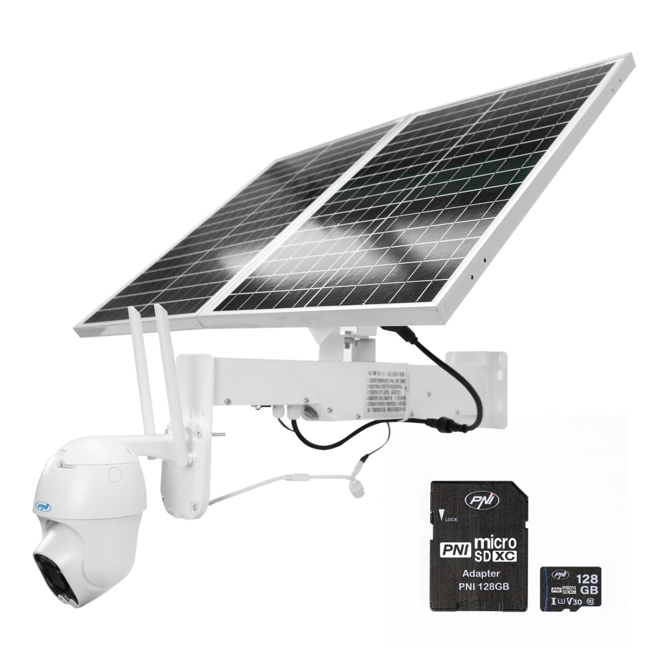 Pachet camera supraveghere video PNI IP60 live PTZ cu panou solar, 2MP, GSM 4G si card MicroSD PNI 128GB