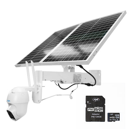 Pachet camera supraveghere video PNI IP60 live PTZ cu panou solar, 2MP, GSM 4G si card MicroSD PNI 128GB