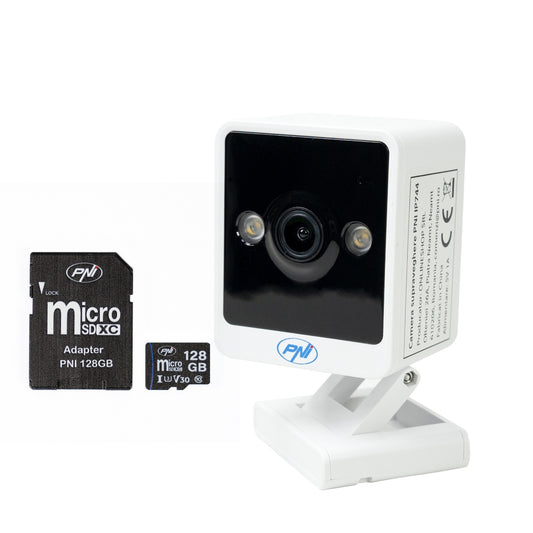 Pachet Camera supraveghere video PNI IP744 4MP cu IP, detectie miscare + Card de memorie MicroSD PNI 128GB cu adaptor SD