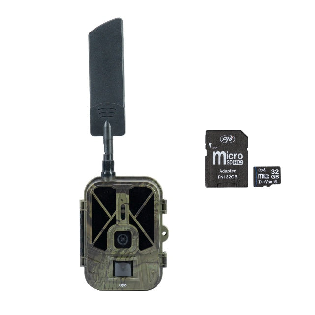 Pachet Camera vanatoare PNI Hunting 550C Internet 4G LTE, acces prin aplicatia Tuya, acumulator + Card de memorie MicroSD PNI 32GB cu adaptor SD