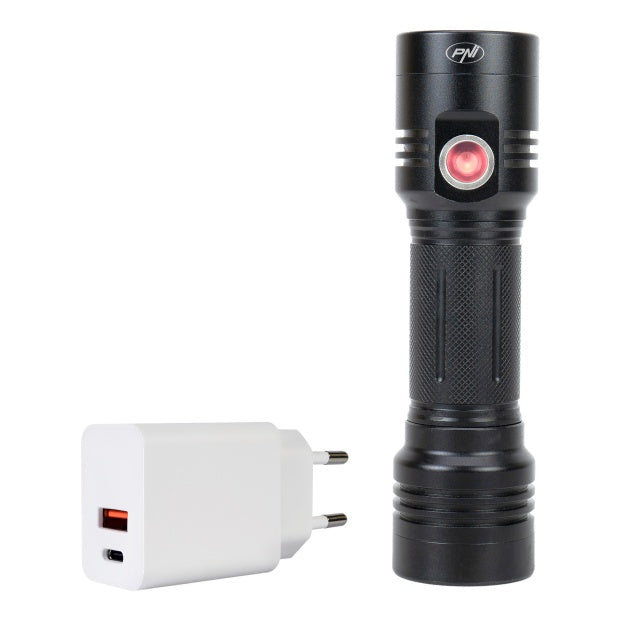 Pachet lanterna dubla PNI Adventure F200 din aluminiu cu LED, acumulator 4000mAh, 3 LED-uri cu deschidere mare si unul cu focus si alimentator PNI CHG300 cu port USB C, QC3.0, PD3.0, PPS si port USB-A