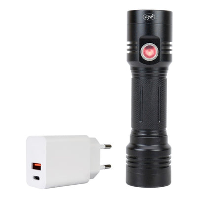 Pachet lanterna dubla PNI Adventure F200 din aluminiu cu LED, acumulator 4000mAh, 3 LED-uri cu deschidere mare si unul cu focus si alimentator PNI CHG300 cu port USB C, QC3.0, PD3.0, PPS si port USB-A