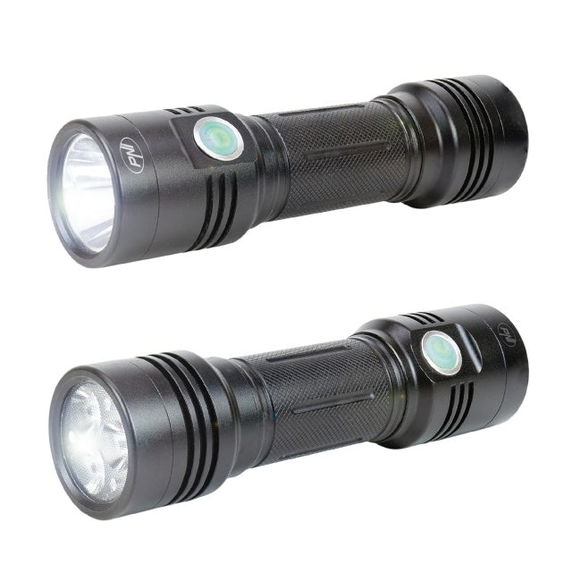 Pachet lanterna dubla PNI Adventure F200 din aluminiu cu LED, acumulator 4000mAh, 3 LED-uri cu deschidere mare si unul cu focus si alimentator PNI CHG300 cu port USB C, QC3.0, PD3.0, PPS si port USB-A