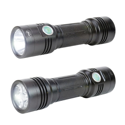 Pachet lanterna dubla PNI Adventure F200 din aluminiu cu LED, acumulator 4000mAh, 3 LED-uri cu deschidere mare si unul cu focus si alimentator PNI CHG300 cu port USB C, QC3.0, PD3.0, PPS si port USB-A