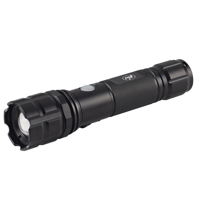 Pachet lanterna PNI Adventure F10 din aluminiu cu LED 6W, 500lm pana la 200m focus, cu acumulator si alimentator PNI CHG300 cu port USB C, QC3.0, PD3.0, PPS si port USB-A, 30W
