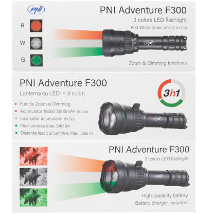 Pachet Lanterna PNI Adventure F300 cu LED in 3 culori, alb, rosu, verde, max. 10W, IPX6 + Sticky Pad Drapel