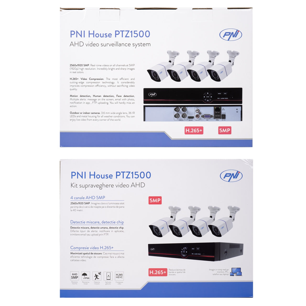 Pachet sistem supraveghere video AHD PNI House PTZ1500 5MP DVR cu 4 camere si Sticky Pad Drapel inclus