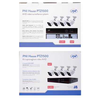 Pachet sistem supraveghere video AHD PNI House PTZ1500 5MP DVR cu 4 camere si Sticky Pad Drapel inclus