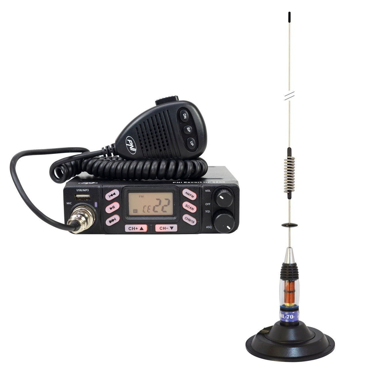 Pachet Statie radio CB PNI Escort HP 6800 ASQ, 12/24 V cu antena CB PNI ML70 cu magnet