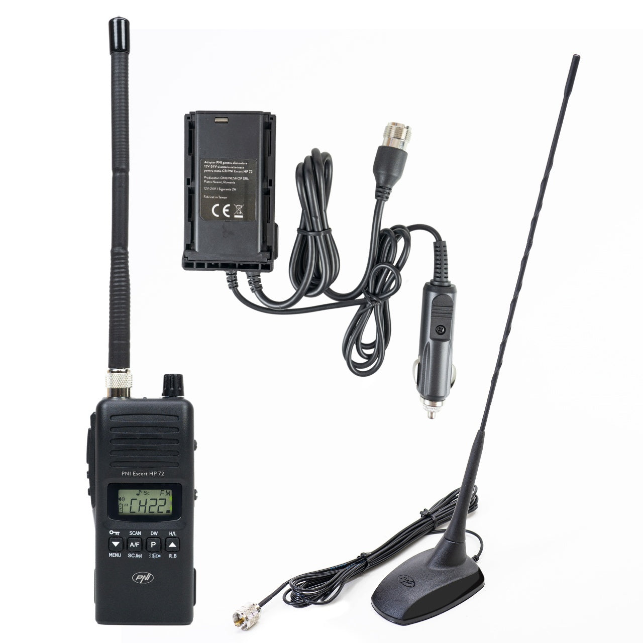 Pachet Statie radio CB PNI Escort HP 72 cu adaptor alimentare si antena PNI Extra 48