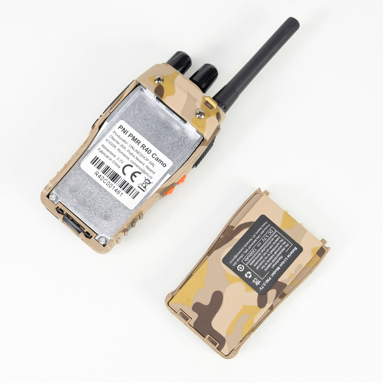 Pachet statii radio portabile PNI PMR R40 Camo 0.5W, 16 canale, ASQ, TOT, monitor, programabila, acumulatori Li-Ion 1200mAh, incarcatoare si casti incluse, set cu 4 buc