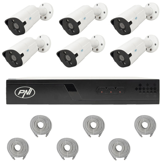 Pachet supraveghere video NVR POE PNI House IP716J, 6 camere PNI IP818J 8MP si 6 cabluri UTP CAT6 20 metri incluse