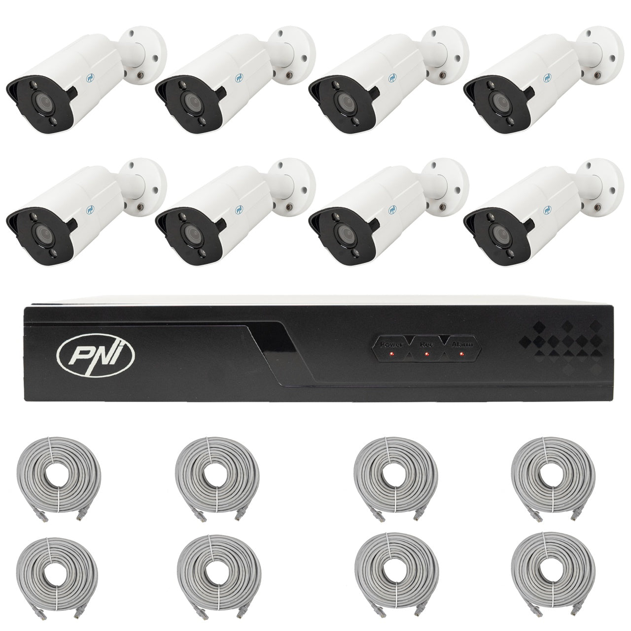 Pachet supraveghere video NVR POE PNI House IP716J, 8 camere PNI IP818J 8MP si 8 cabluri UTP CAT6 20 metri incluse