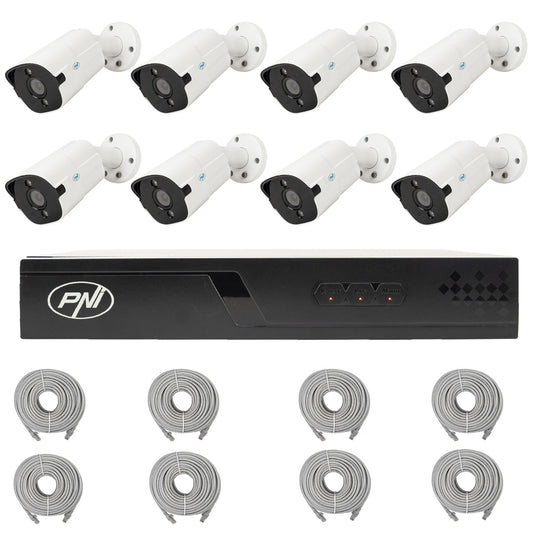 Pachet supraveghere video NVR POE PNI House IP716J, 8 camere PNI IP818J 8MP si 8 cabluri UTP CAT6 20 metri incluse