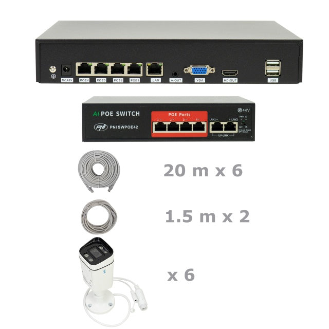 Pachet supraveghere video NVR POE PNI House IP810, 6 camere PNI IP8POE, switch POE si cabluri incluse